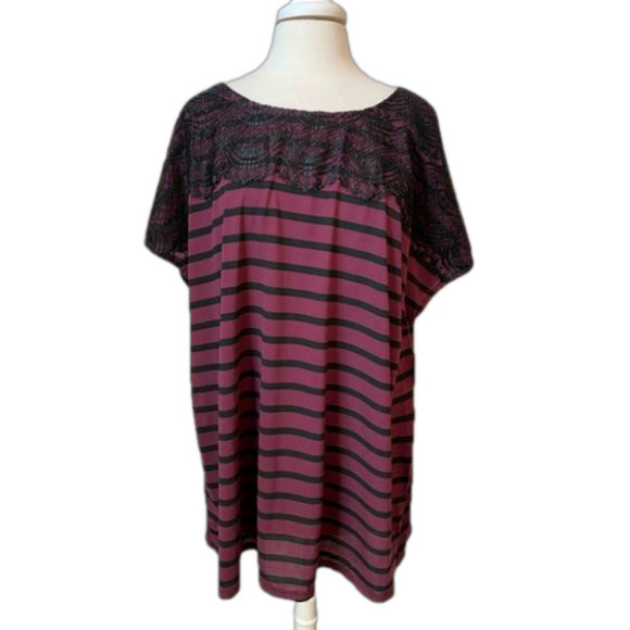 NWT Women's 3X Whimsigoth Purple Stripe Lace Dolman Cap Sleeve Top Boho - Picture 1 of 9